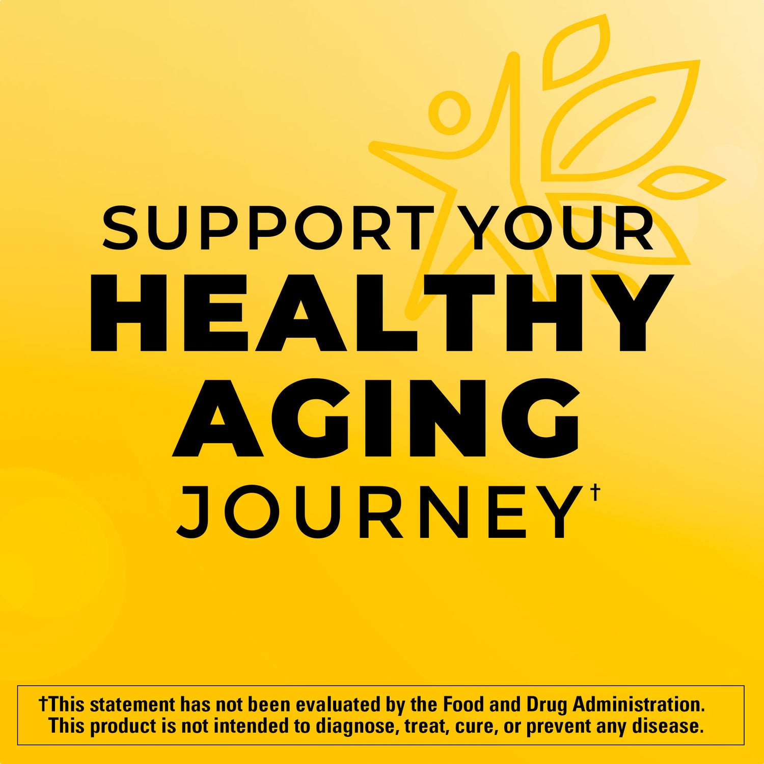Omega-3†† from Fish & Algae Oil 1200 mg Softgels | Yellow graphic with the text ‘Support your healthy aging journey’ and an outline of a person with leaves.
