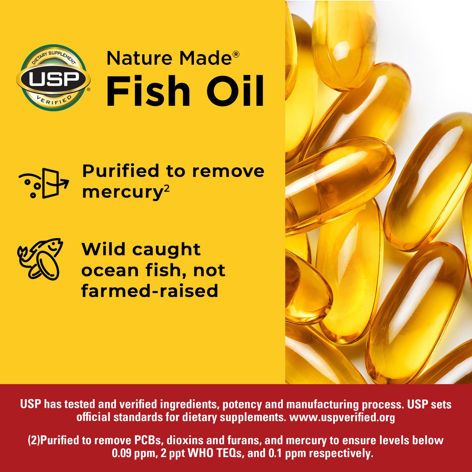 Fish Oil 1200 mg Softgels | Yellow Nature Made Fish Oil graphic showing softgel capsules with benefits like purified to remove mercury and wild‑caught ocean fish.