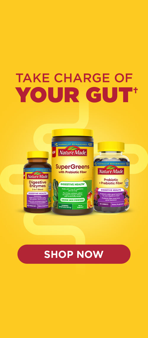 Take charge of your gut banner with digestive health supplements lineup and red shop now button.