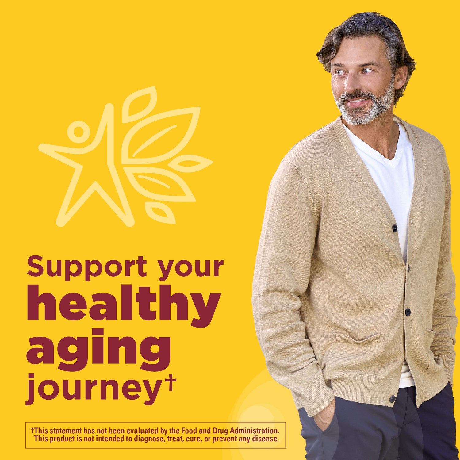 Magnesium 300 mg + Ashwagandha 125 mg Capsules | Man standing against a yellow background with text "support for a healthy aging journey".