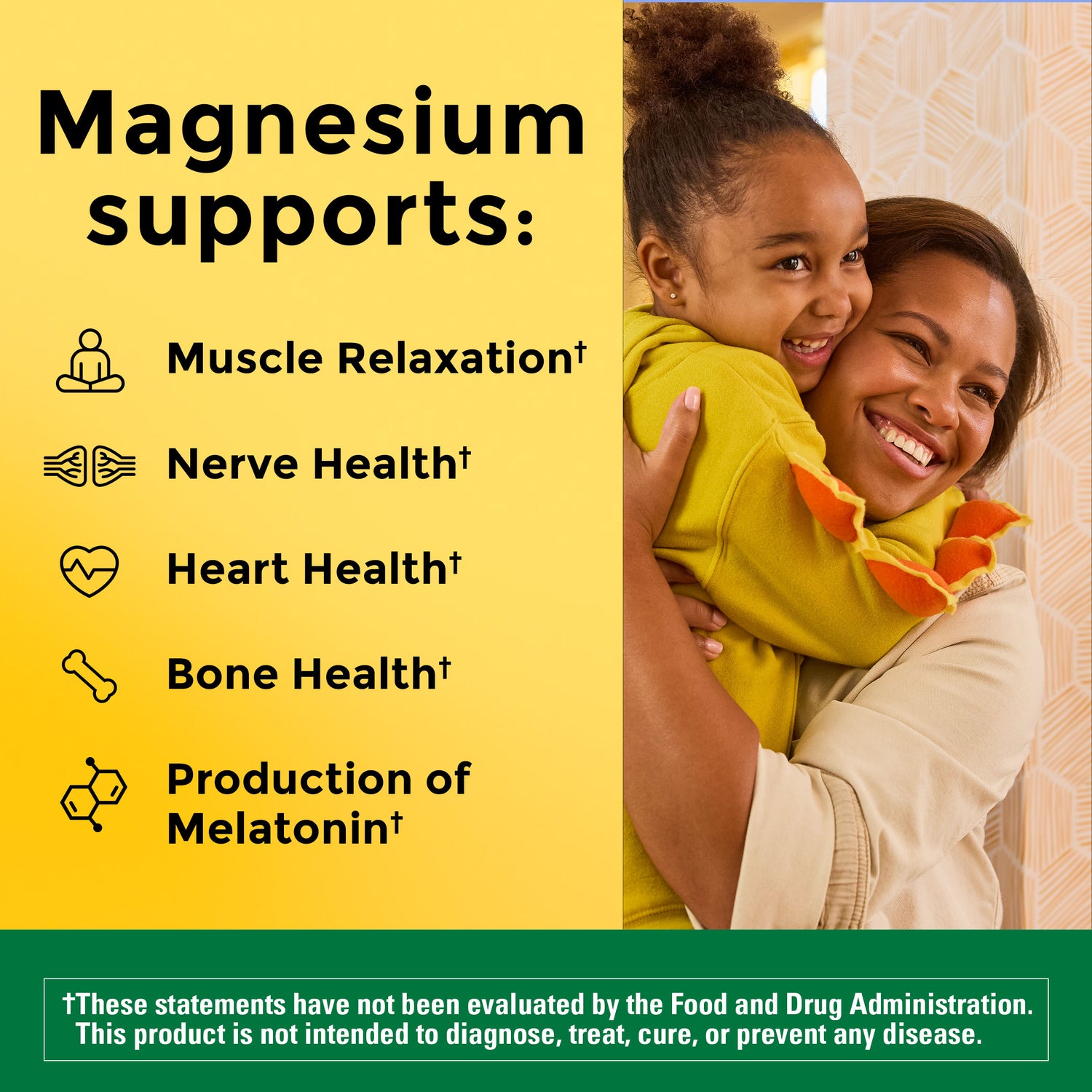 High Absorption Magnesium Glycinate Capsules 200 mg | High Absorption Magnesium Glycinate Capsules 200 mg benefits including muscle relaxation, nerve health, heart health, bone health on a yellow background