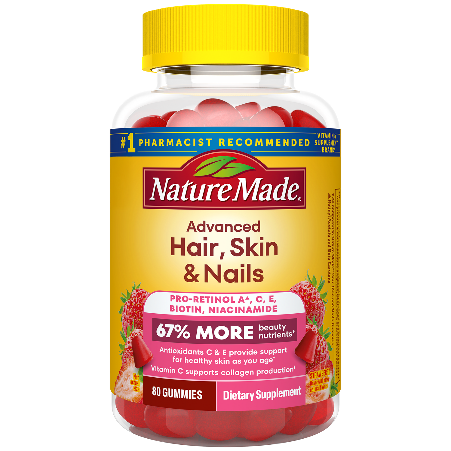 Advanced Hair, Skin & Nails Gummies | Nature Made Advanced Hair, Skin & Nails supplement bottle with red gummies inside.