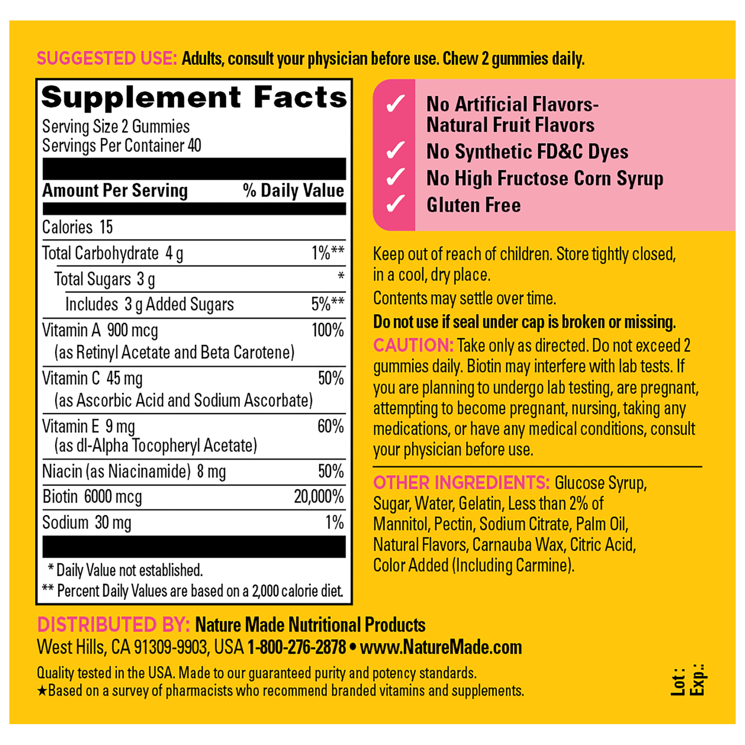 Advanced Hair, Skin & Nails Gummies | Back label of Nature Made Advanced Hair, Skin & Nails Gummies showing Supplement Facts, suggested use, ingredient list, and icons for no artificial flavors, no synthetic dyes, gluten free, and no high fructose corn syrup.