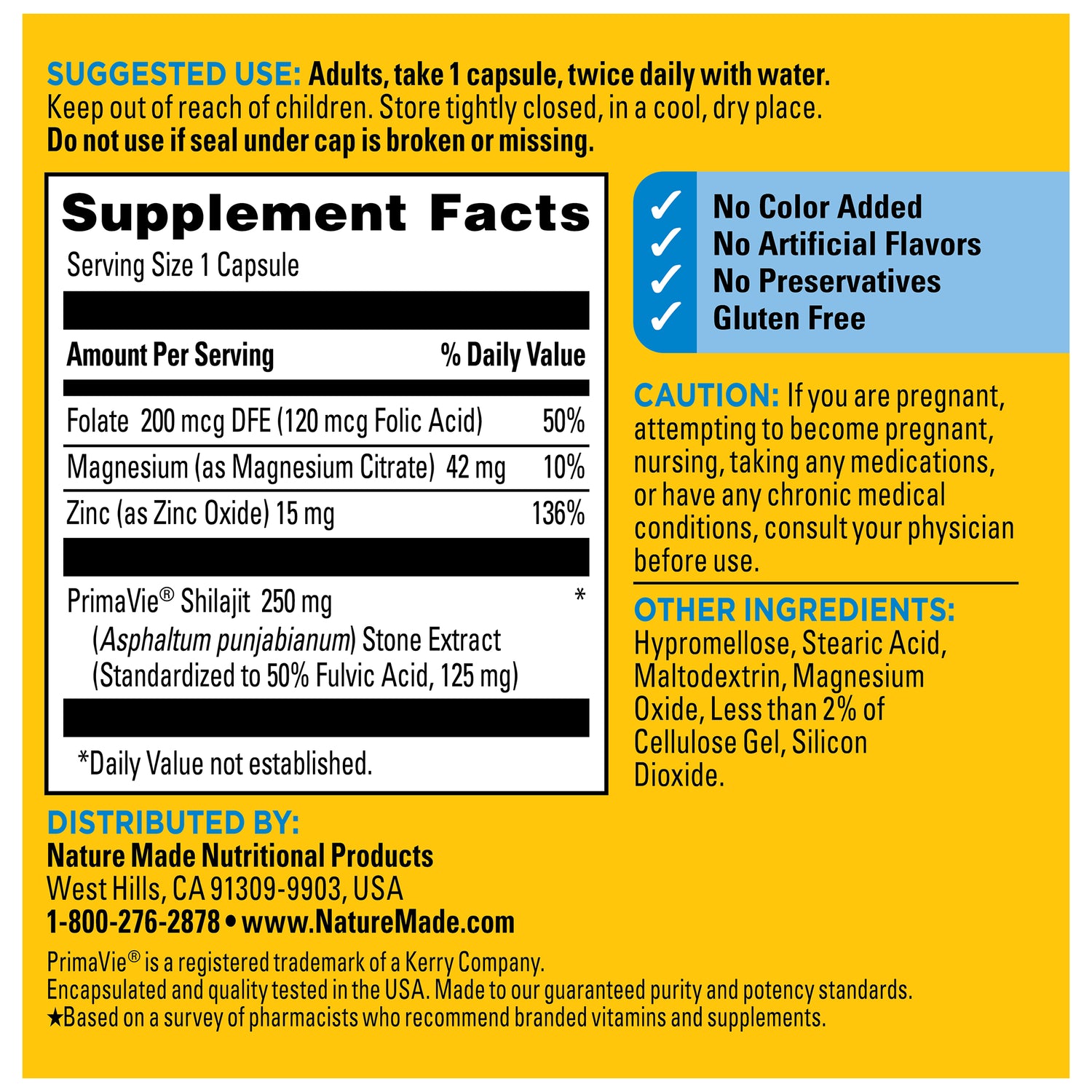 Shilajit + Magnesium Citrate, Zinc & Folic Acid Capsules | Nature Made Shilajit + Magnesium Citrate, Zinc & Folic Acid Capsules supplements facts label with suggested use and free from attributes including No Color Added, No Artificial Flavors, No Preservatives, Gluten Free.