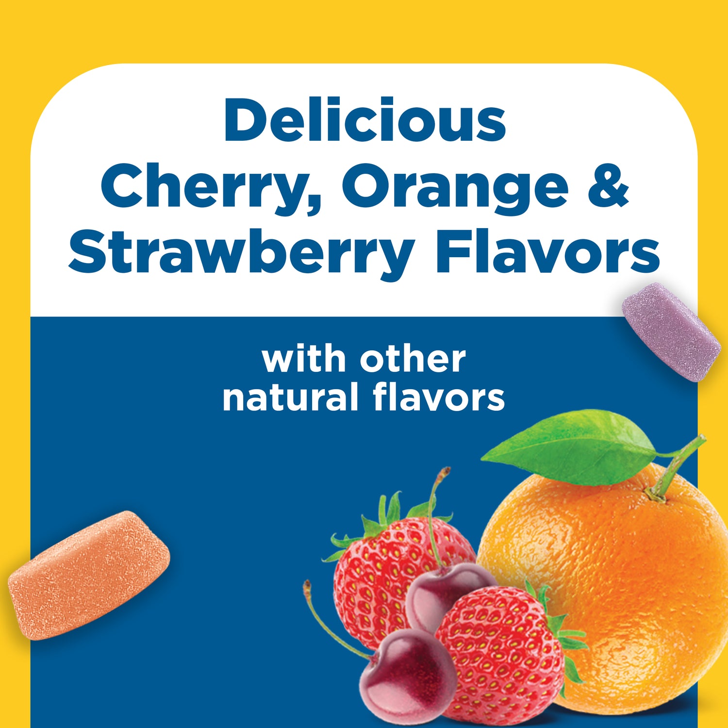 Calcium Gummies 500 mg per serving with Vitamin D3 | Nature Made Calcium + D3 Gummies in cherry, orange, and strawberry flavors with fruit imagery