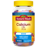 Nature Made Calcium + D3 500 mg dietary supplement gummies in a clear plastic bottle with a yellow cap and yellow label, containing purple and orange gummies visible through the container.