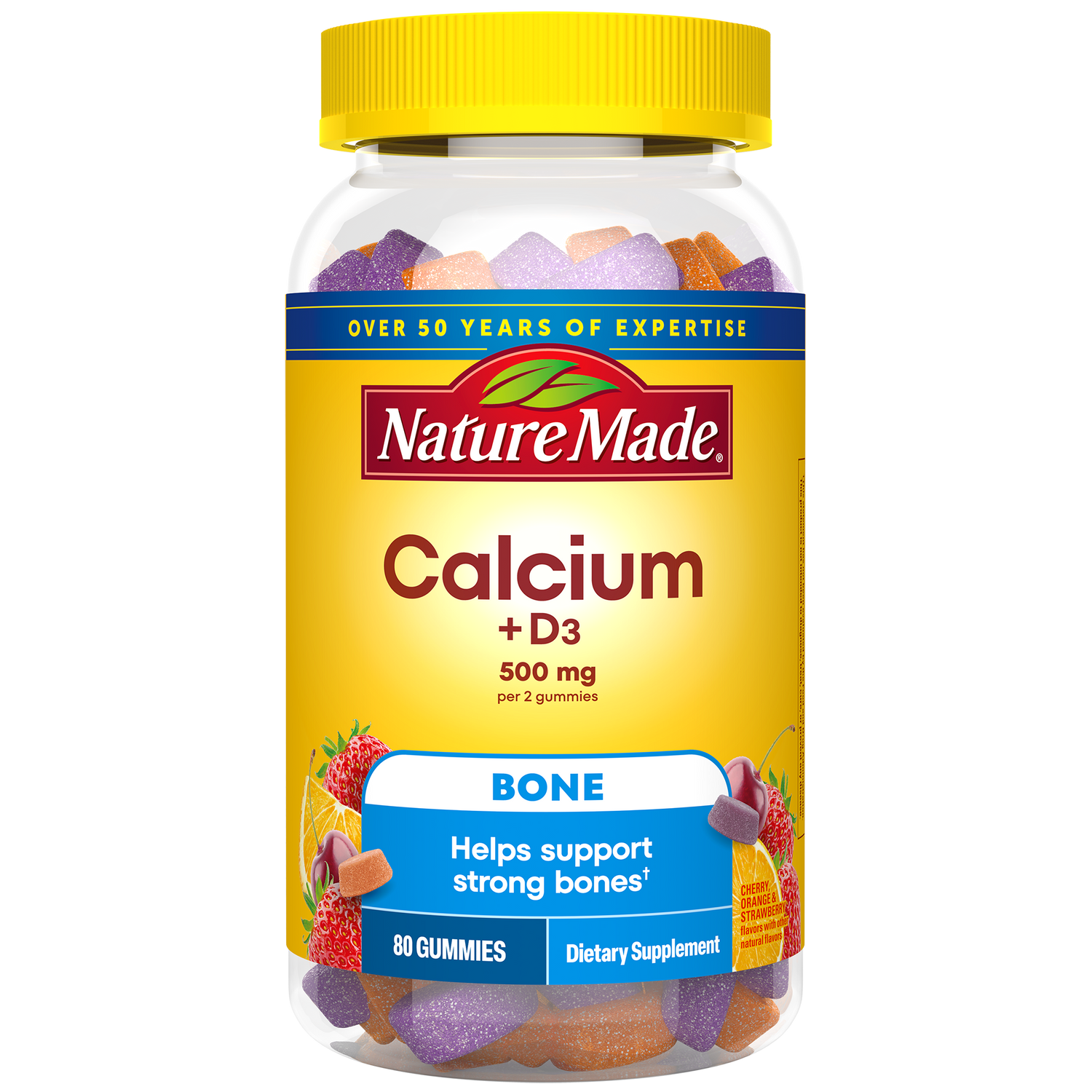 Calcium Gummies 500 mg per serving with Vitamin D3 | Nature Made Calcium + D3 500 mg dietary supplement gummies in a clear plastic bottle with a yellow cap and yellow label, containing purple and orange gummies visible through the container.