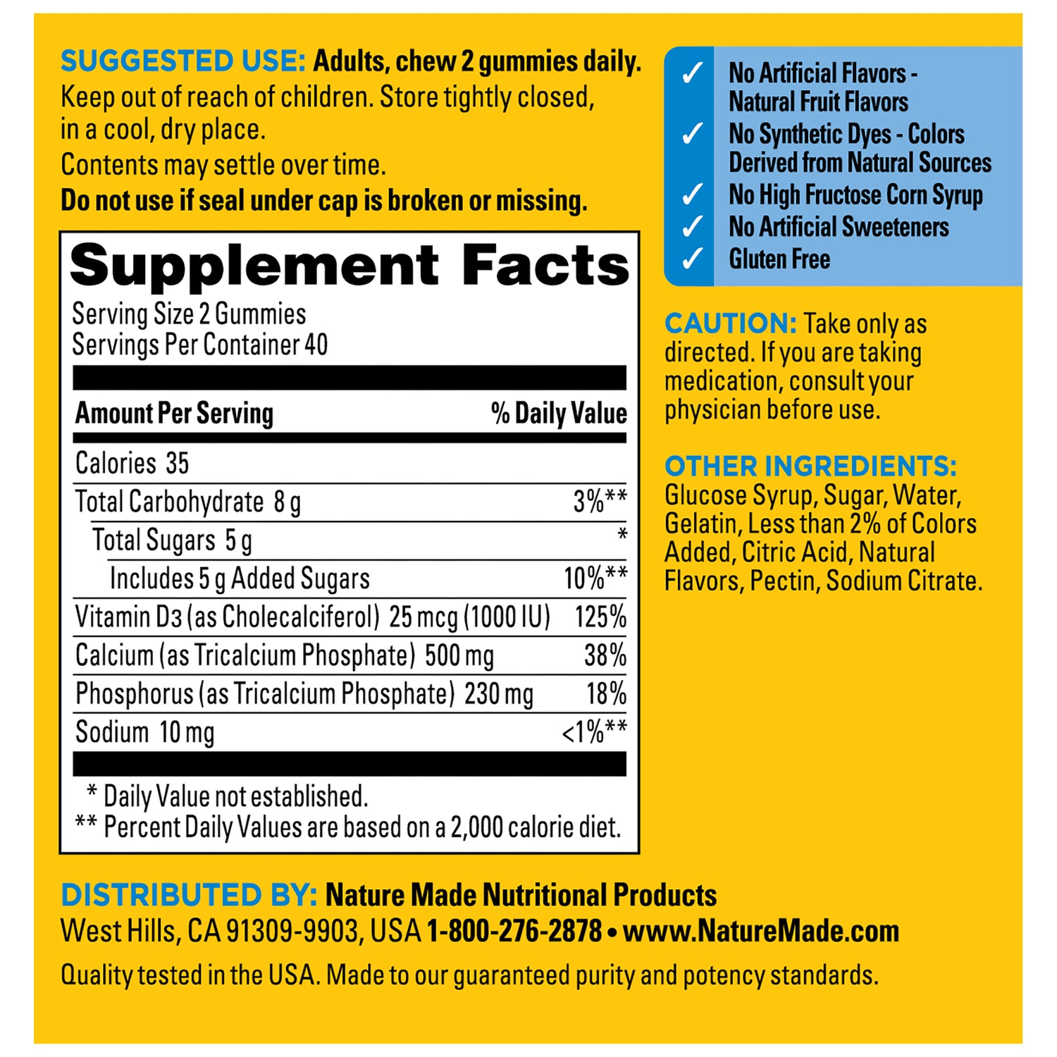 Calcium Gummies 500 mg per serving with Vitamin D3 | Nature Made Calcium + D3 Gummies supplement facts panel and ingredient information on a bright yellow background with callouts and text about usage, ingredients, and warnings.