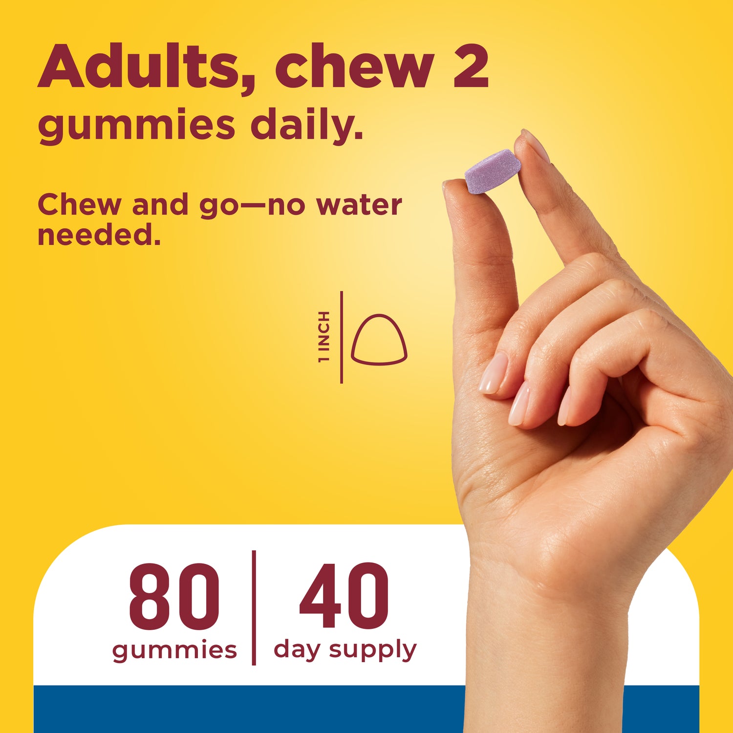 Calcium Gummies 500 mg per serving with Vitamin D3 | A hand holds a small lavender chewable tablet between the fingers against a bright yellow background with text reading 'Adults, chew 2 gummies daily.' and 'Chew and go—no water needed.