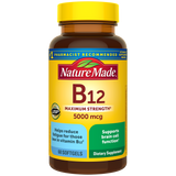 Vitamin B12 Maximum Strength 5000 mcg Softgels dietary supplement bottle with yellow cap and label on a white background
