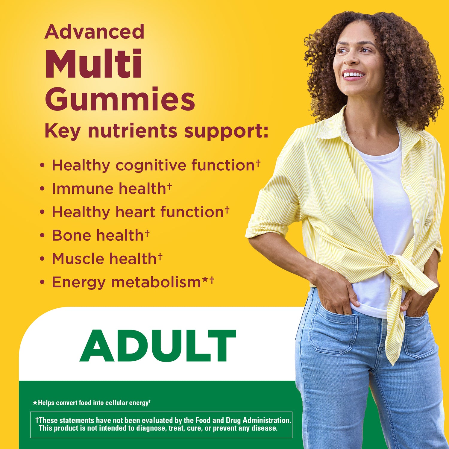Advanced Multivitamin For Adults Gummies | Advanced Multi Gummies with a woman standing against a yellow background and a list of key nutrients support.