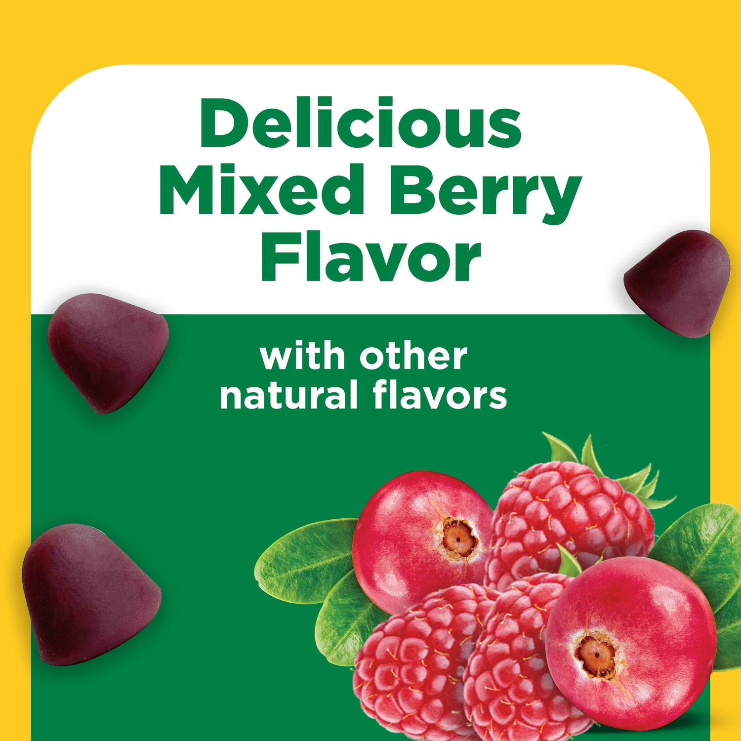 Advanced Multivitamin For Adults Gummies | Mixed berry flavor text and illustrations on a yellow and green background