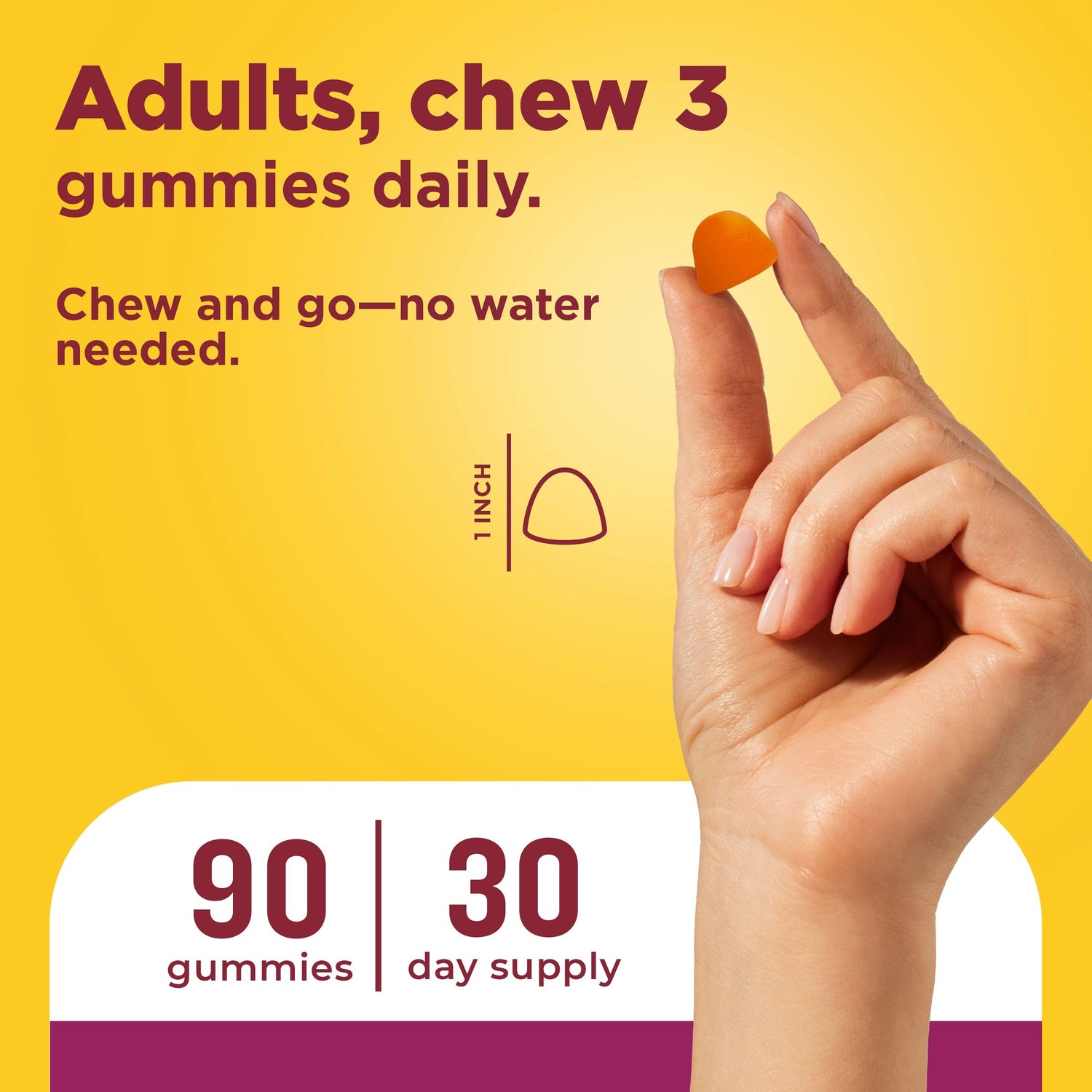 Women's Advanced Multivitamin Gummies | Hand holding a tropical fruit flavored Nature Made Advanced Multi Women gummy showing 1-inch size and daily serving information