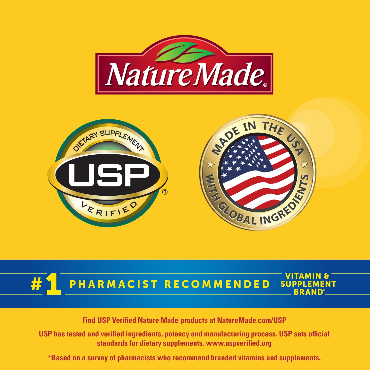 B-Complex Gummies | Nature Made credentials with USP Verified mark, Made in the USA seal, and pharmacist recommended vitamin brand on a yellow background