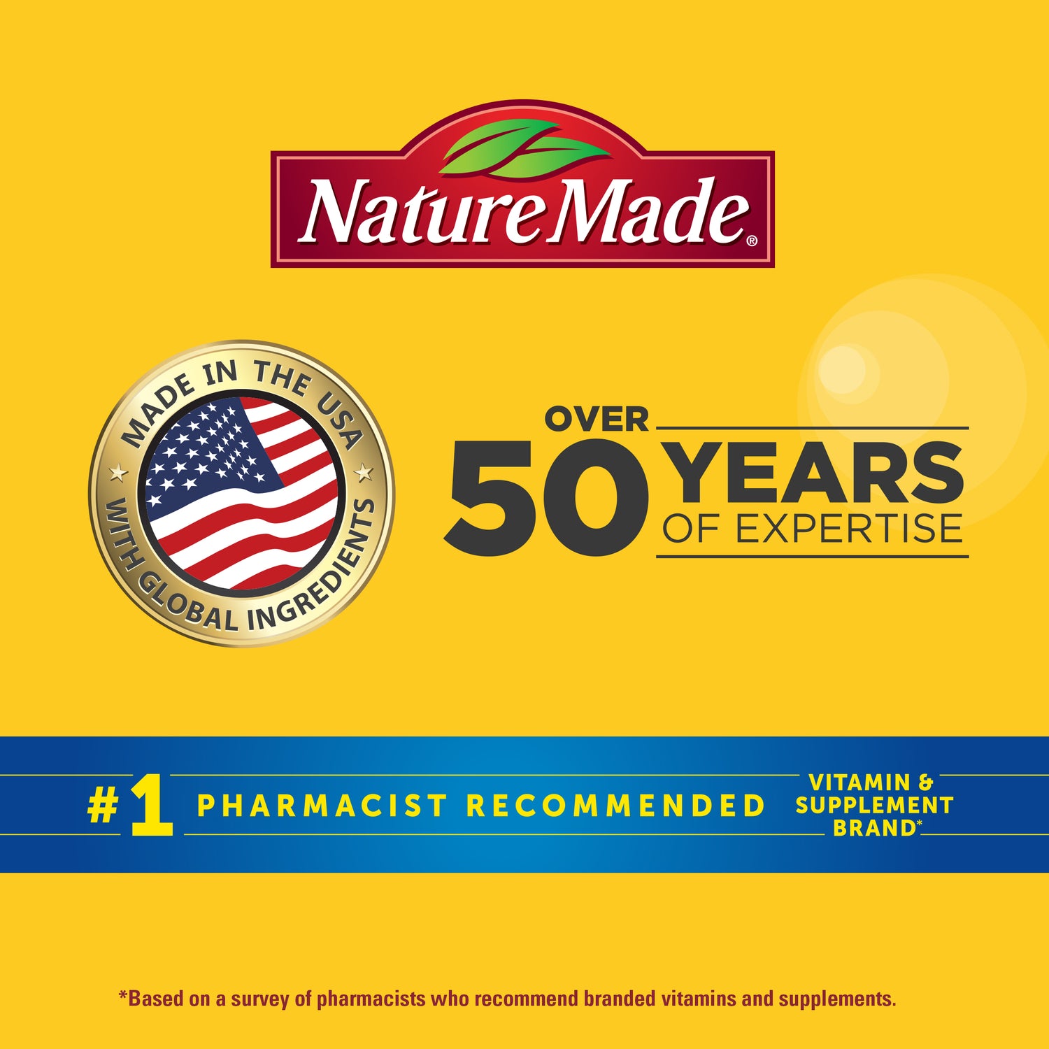 SuperGreens with Prebiotic Fiber Powder Drink Mix | Nature Made credentials highlighting over 50 years of expertise, Made in the USA with global ingredients, and #1 pharmacist recommended vitamin brand.