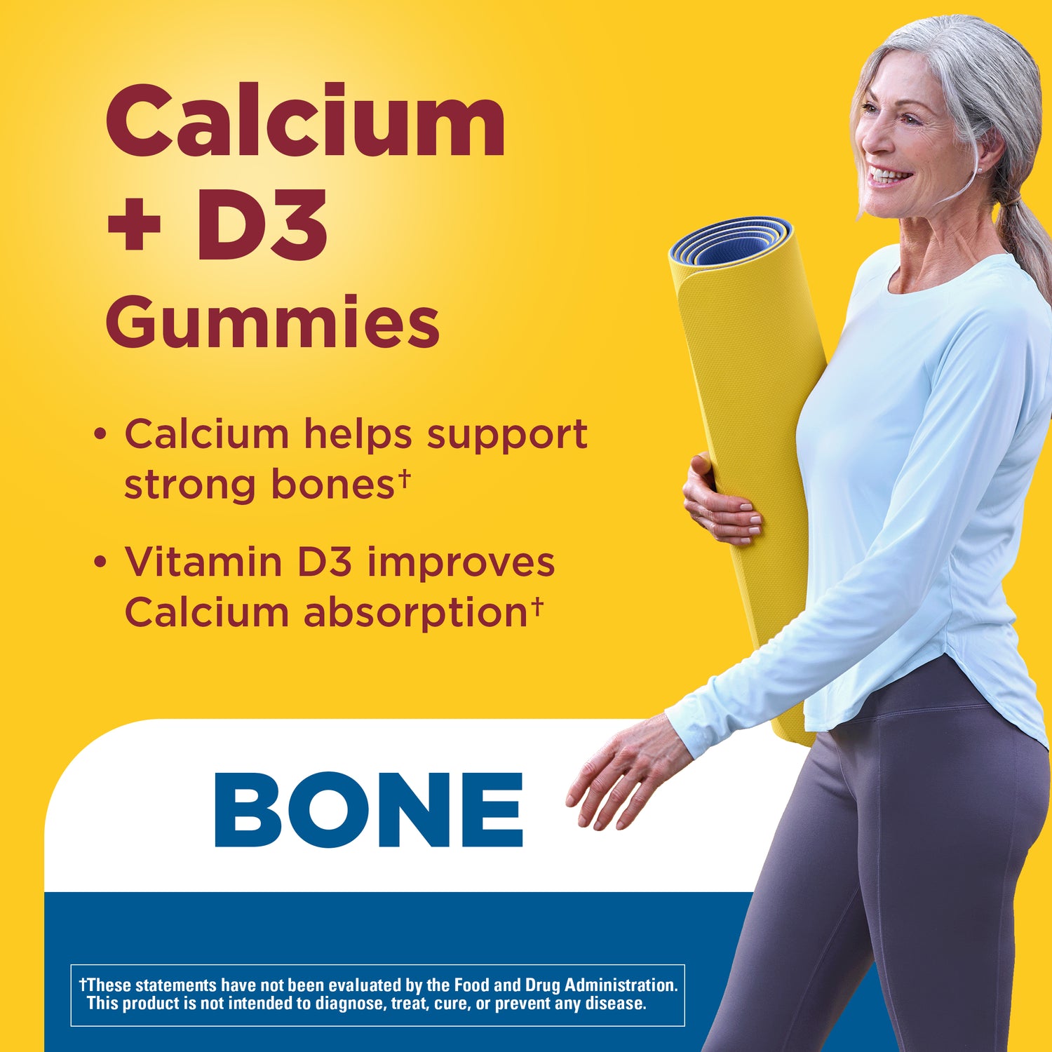 Calcium Gummies 500 mg per serving with Vitamin D3 | Nature Made Calcium + D3 Gummies to support strong bones and calcium absorption featuring a smiling woman in workout clothes holding a rolled yellow exercise mat against a bright yellow background.