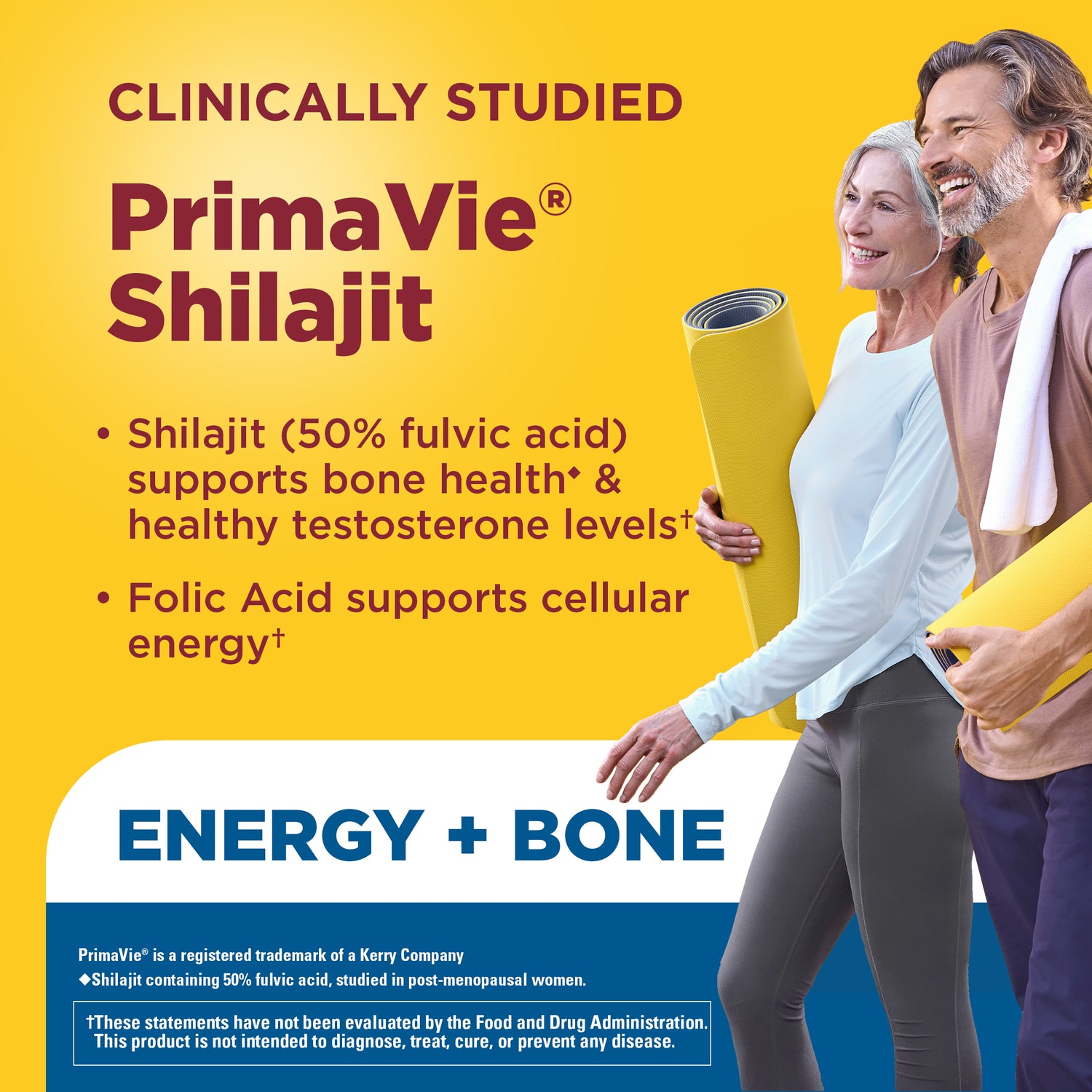Shilajit + Magnesium Citrate, Zinc & Folic Acid Capsules | Promotional graphic for PrimaVie Shilajit featuring a bright yellow background with text about clinical studies and energy + bone benefits, alongside two smiling adults walking and holding yellow sheets.
