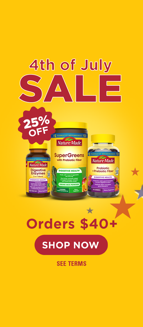 Nature Made supplements, 25% off $40+ 4th of July promotion with red shop now button on a yellow bac