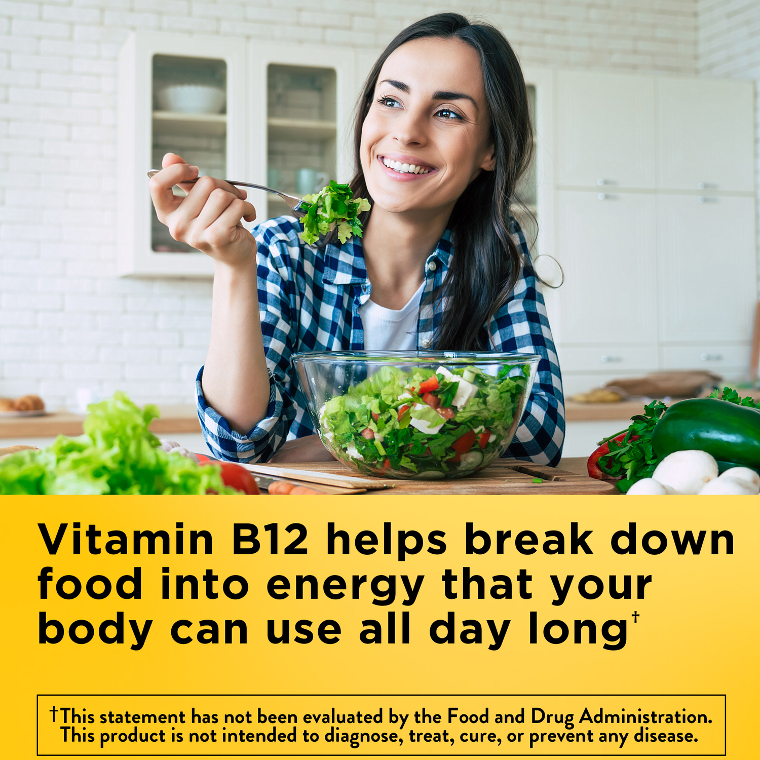 Vitamin B12 Maximum Strength 5000 mcg Softgels | Person eating a salad with Vitamin B12 helps break down food into energy that your body can use all day long text